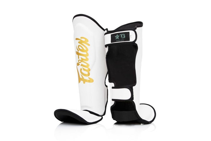 Fairtex x Booster Muay Thai Shin Guards - White/Gold-FEUK