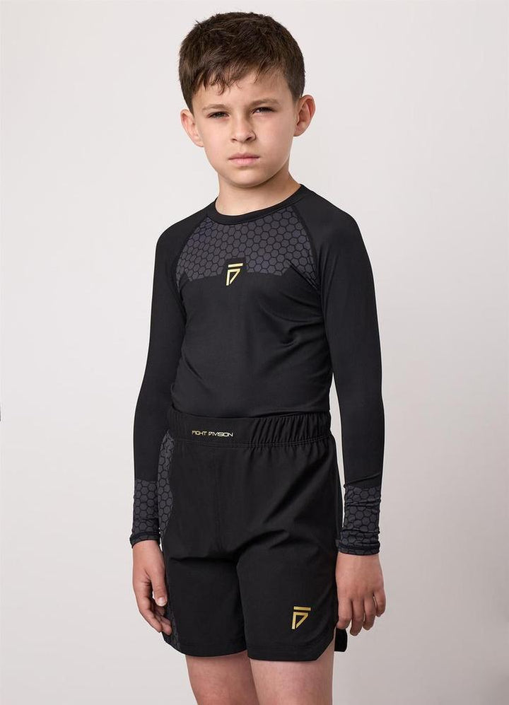 Gym King Fight Division Combat Long Sleeve Kids Rash Guard - Black-Gym King