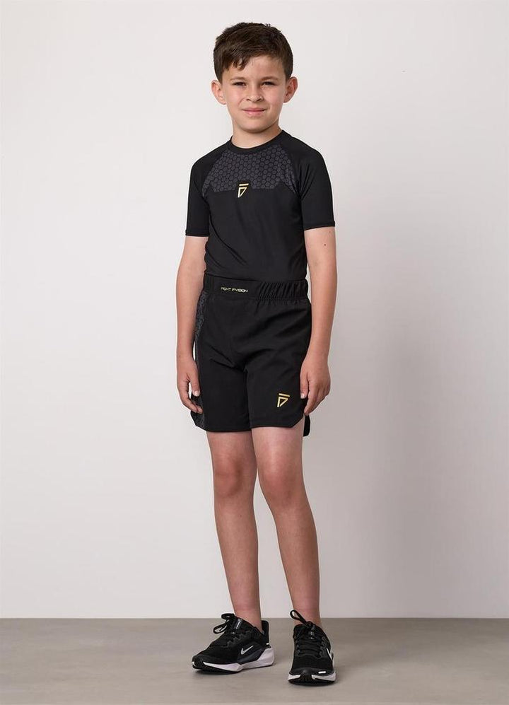 Gym King Fight Division Combat Short Sleeve Kids Rash Guard - Black-Gym King