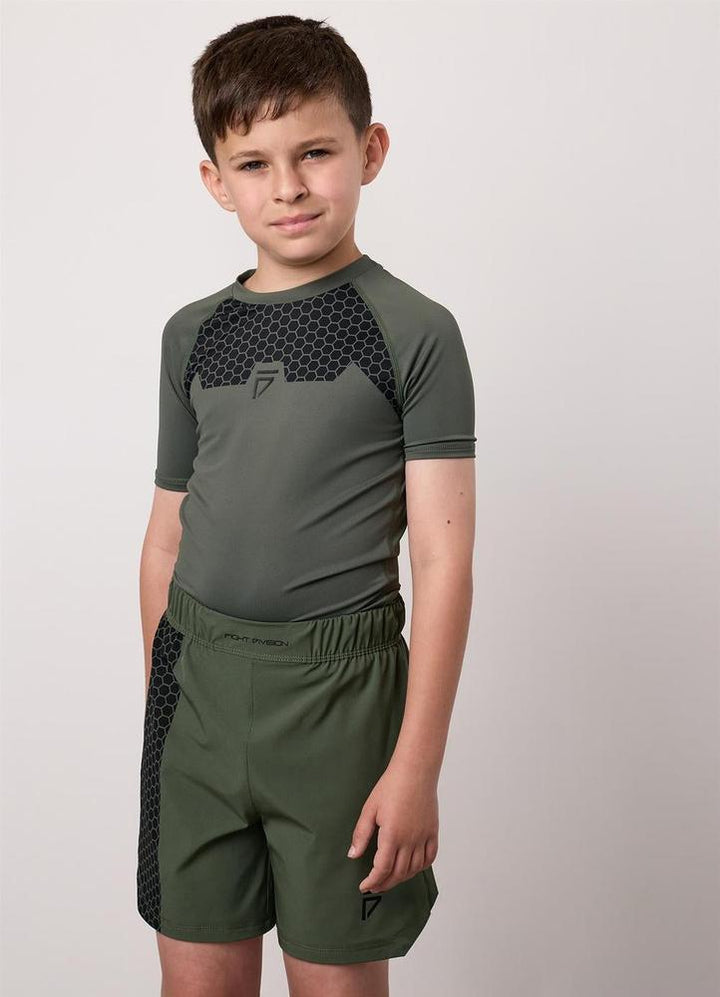 Gym King Fight Division Combat Short Sleeve Kids Rash Guard - Deep Olive-Gym King