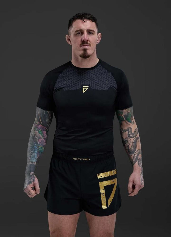 Gym King Fight Division Combat Short Sleeve Rash Guard - Black-Gym King