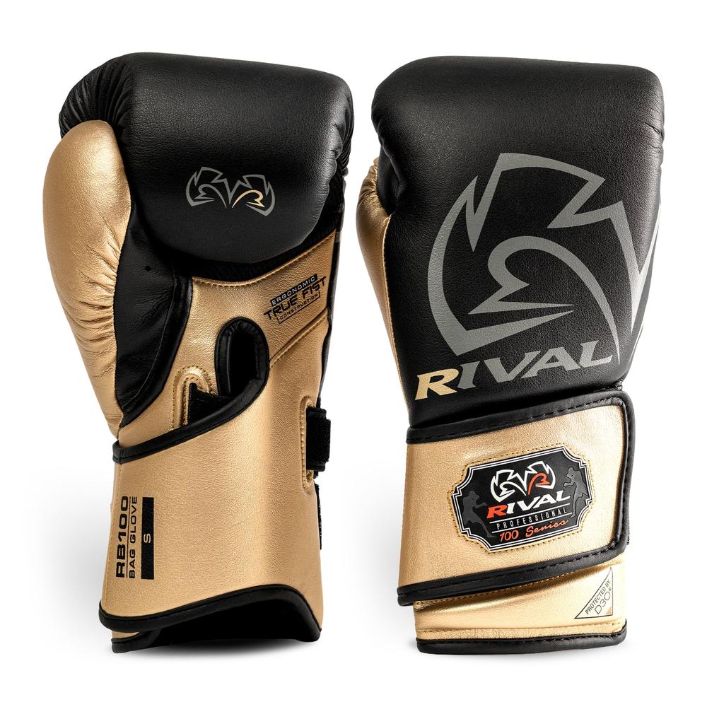 Rival RB100 Professional Bag Gloves – Black/Gold – Large-Rival Boxing