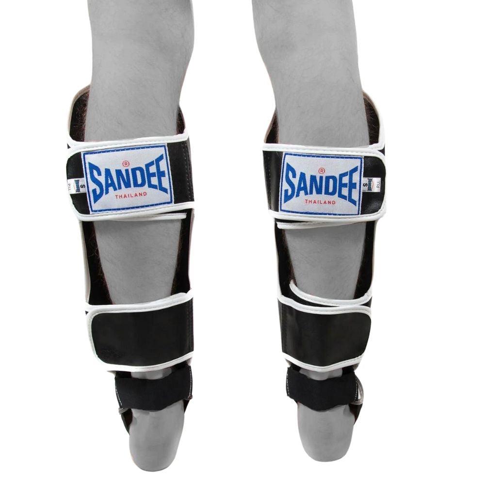 Sandee Kids Muay Thai Shin Guards Black White Fight Equipment UK FEUK