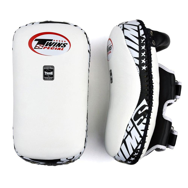 KPL12 Twins Deluxe Curved Leather Kick Pads White-Black-Twins Special