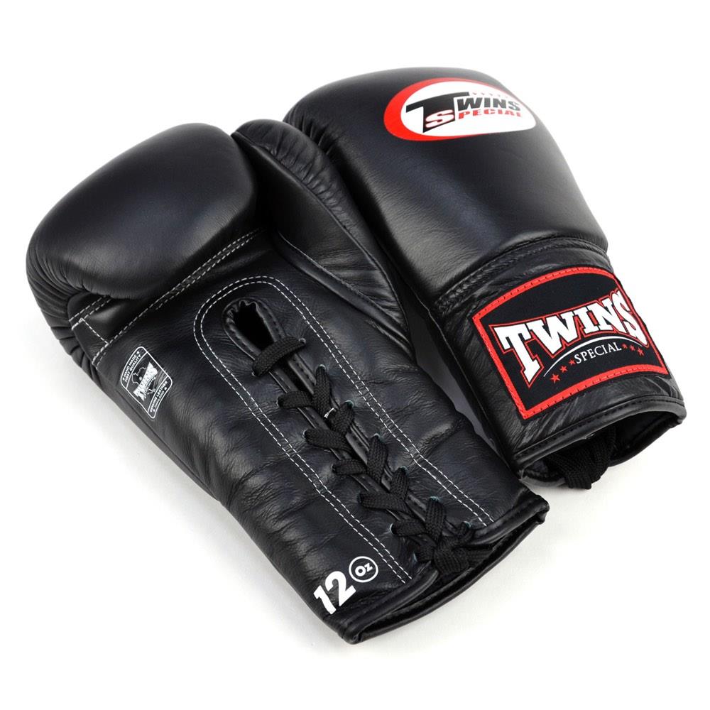 Twins Lace Up Boxing Gloves Black Fight Equipment UK